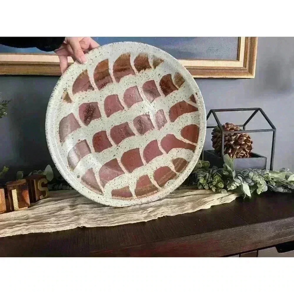 16” Stoneware‎ coffee table plate speckled tan terracotta glazed decorative bowl - Picture 4 of 7